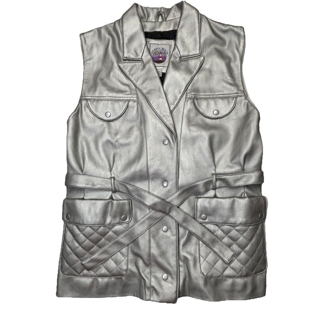 Atlantic Beach Y2K Silver Faux Leather‎ Belted Vest Womens Small Quilted